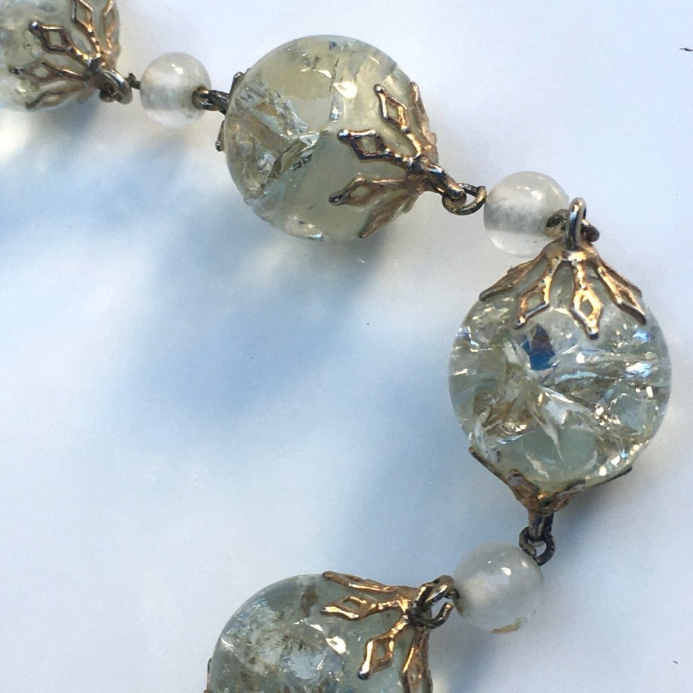 Vintage Crackle Art Glass Bead Necklace with Faux Pearls